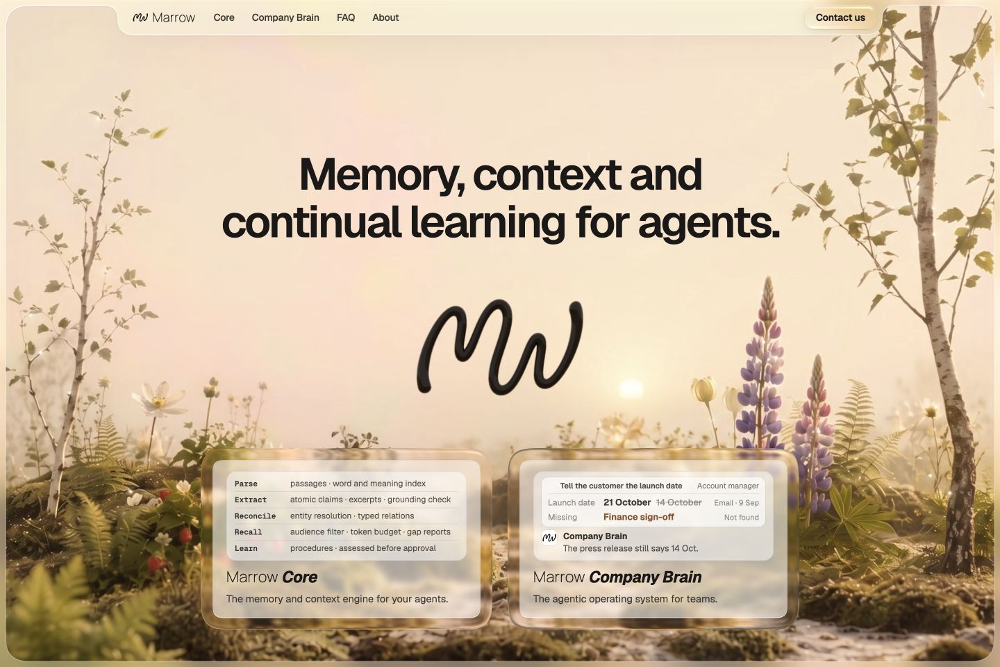 Marrow homepage showing Core and Company Brain